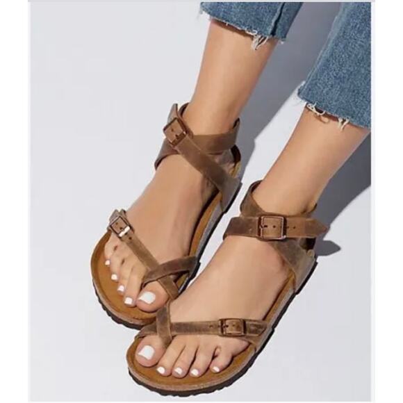 Birkenstock Shoes - Birkenstock Yara Distressed Leather Sandal - Size 38